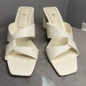 Block Heel Leather Sandals Off White - Zara